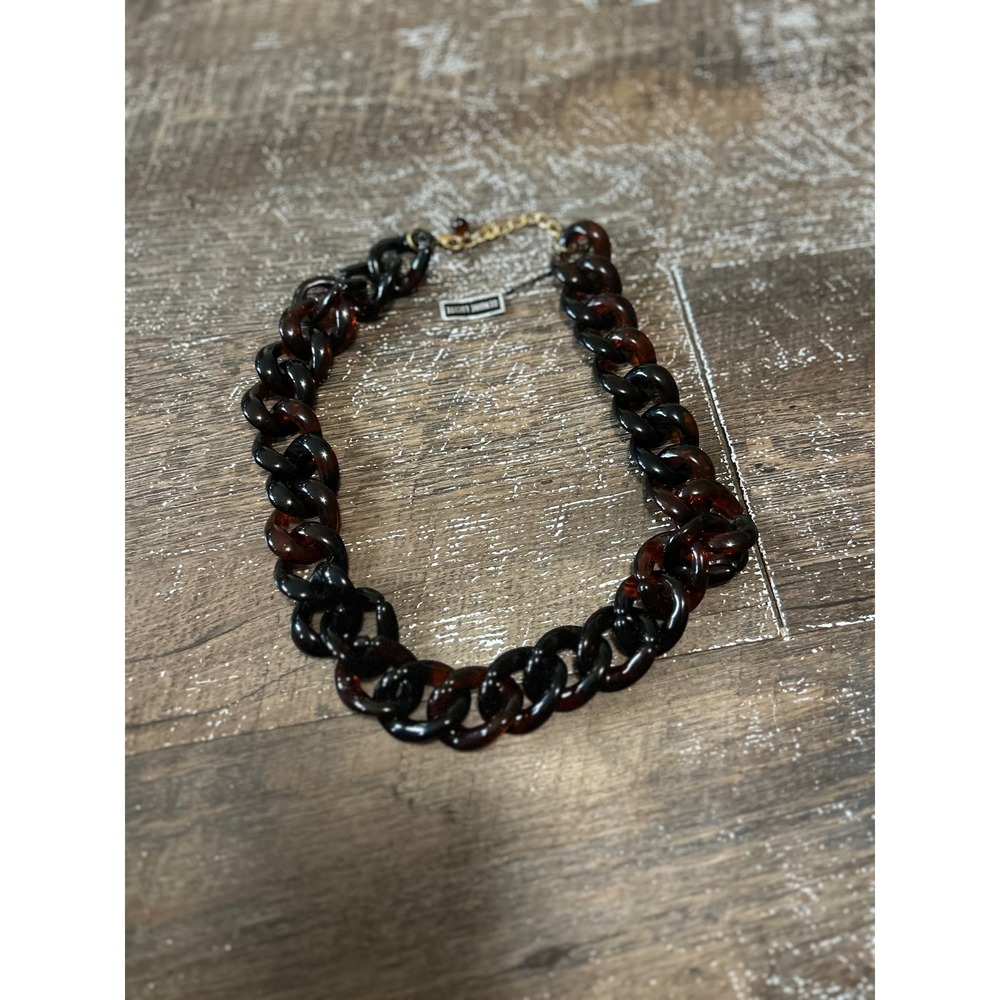 Genuine Lucite Tortoise Shell Chunky Link Statement Necklace Brown Gold Tone 24"